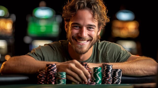 Man winning poker game with big chip stack
