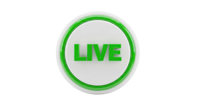 Green and white oval button with the word live displayed prominently isolated on transparent background