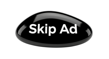 Glossy black skip ad button with white text isolated on transparent background