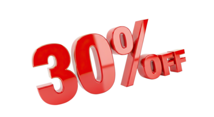 Bold red 30 percent off sale discount offer with glossy 3d lettering isolated on transparent background