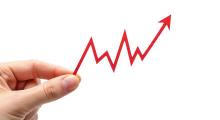 Hand holding a red upward trending jagged line graph representing financial growth isolated on transparent background