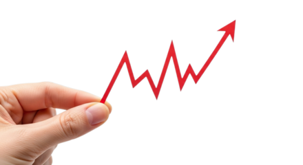 Hand holding a red upward trending jagged line graph representing financial growth isolated on transparent background