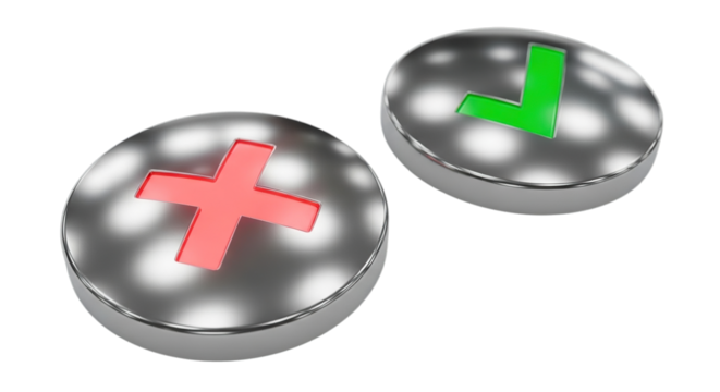Two shiny metallic spheres with a red cross and a green checkmark isolated on transparent background