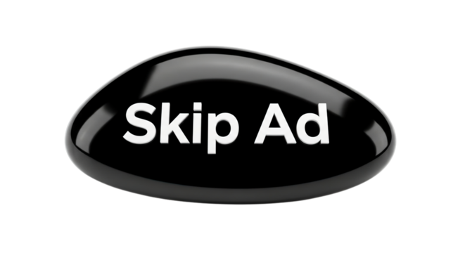 Glossy black skip ad button with white text isolated on transparent background