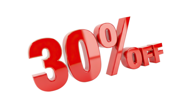 Bold red 30 percent off sale discount offer with glossy 3d lettering isolated on transparent background