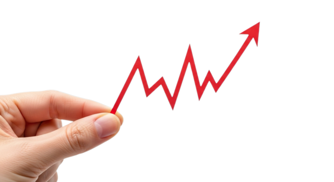 Hand holding a red upward trending jagged line graph representing financial growth isolated on transparent background