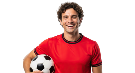 Smiling young man in red soccer jersey holding a classic black and white football isolated on transparent background