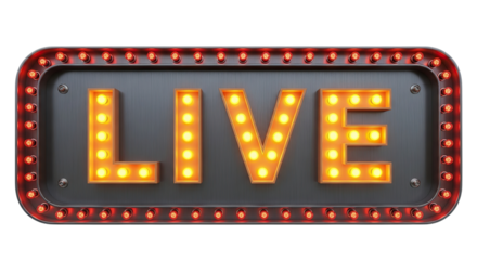 Retro illuminated marquee sign displaying the word live with glowing orange bulbs isolated on transparent background