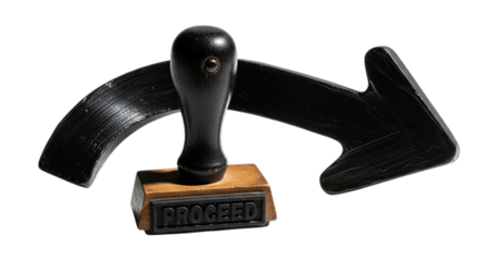 Black arrow symbol with a rubber stamp and numbered dial isolated on transparent background