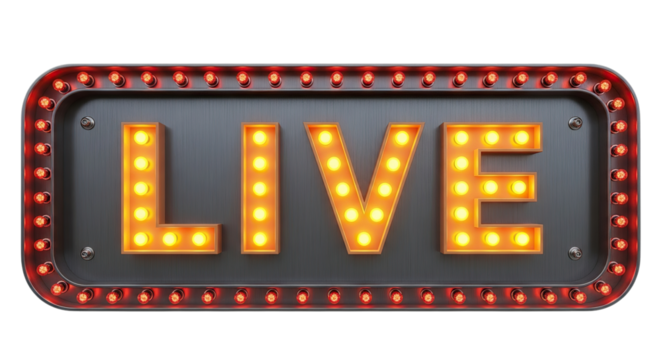 Retro illuminated marquee sign displaying the word live with glowing orange bulbs isolated on transparent background