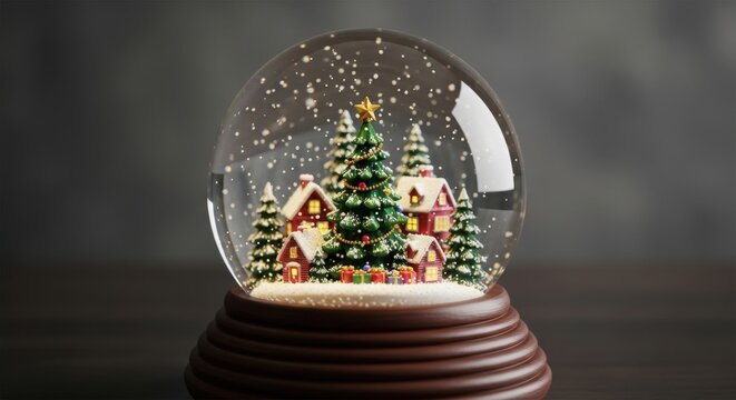 Charming holiday snow globe featuring a miniature winter village scene with snow-covered houses and trees, evoking festive cheer and nostalgic delight