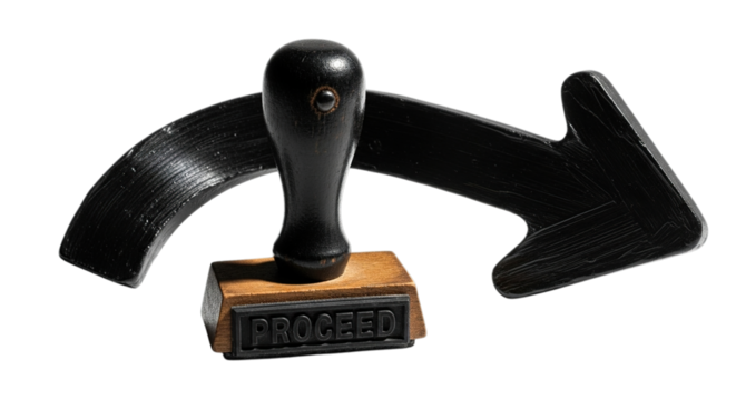 Black arrow symbol with a rubber stamp and numbered dial isolated on transparent background