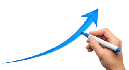 Hand drawing a bright blue upward trending arrow graph with a marker isolated on transparent background