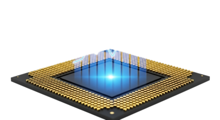 Close up of a modern computer processor chip with glowing blue light and gold pins isolated on transparent background