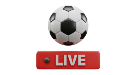 Realistic 3d rendered soccer ball with a bright red live broadcast button isolated on transparent background