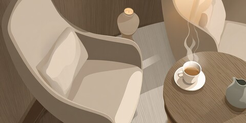 Cozy modern cafe setting with a steaming cup of coffee on a wooden table and stylish armchairs