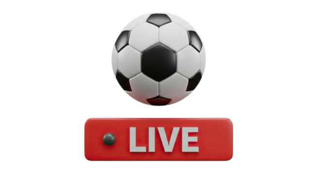 Realistic 3d rendered soccer ball with a bright red live broadcast button isolated on transparent background