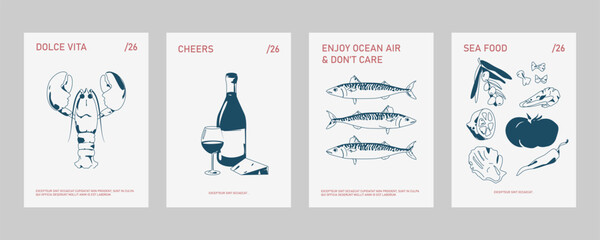 Dolce Vita holiday posters set. Italian doodle style cards with seafood, lobster and lemon. Vertical background designs with Mediterranean food and drink. Hand-drawn vector illustrations.
