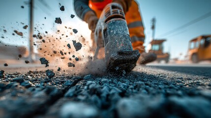 Construction worker jackhammering asphalt, breaking road surface