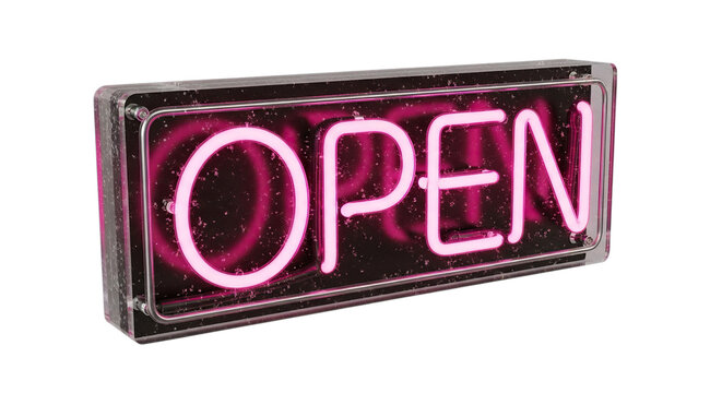 Bright pink neon open sign glowing vividly inside a clear rectangular case isolated on transparent background
