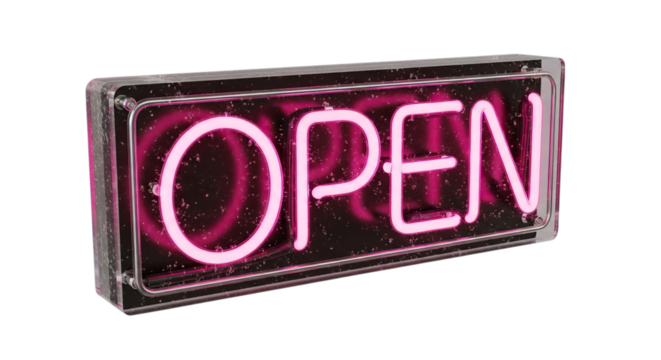 Bright pink neon open sign glowing vividly inside a clear rectangular case isolated on transparent background - Powered by Adobe