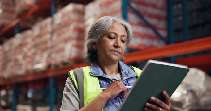 Logistics, tablet and thinking with woman in warehouse for storage of delivery or shipping stock. App, checklist and solution with mature person in supply chain depot for management or planning