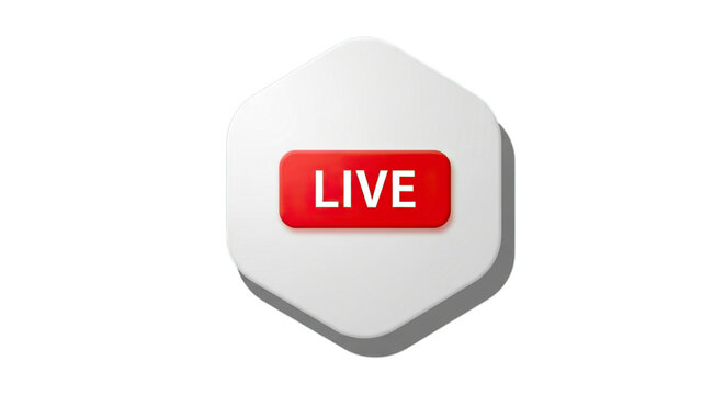 A white hexagonal shape with a red rectangular button labeled live in yellow text isolated on transparent background
