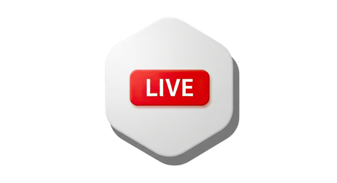 A white hexagonal shape with a red rectangular button labeled live in yellow text isolated on transparent background
