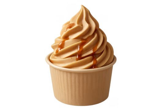 Caramel soft serve ice cream swirl in cup
