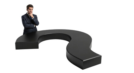 Thoughtful businessman in suit sitting on a large black question mark contemplating a complex problem isolated on transparent background