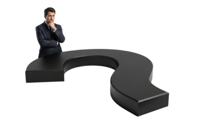 Thoughtful businessman in suit sitting on a large black question mark contemplating a complex problem isolated on transparent background