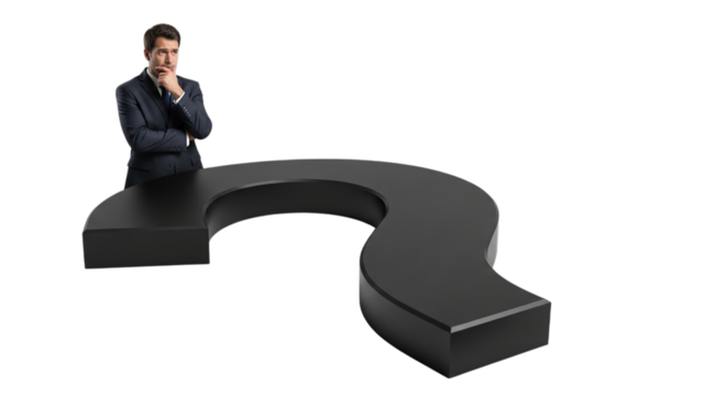 Thoughtful businessman in suit sitting on a large black question mark contemplating a complex problem isolated on transparent background - Powered by Adobe