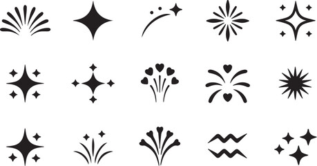 Fifteen distinct black silhouette shapes consisting of stars, hearts, and astrology fill a white space