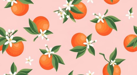 Obraz premium A seamless pattern of ripe oranges with green leaves and white blossoms scattered across a light pink background, evoking a fresh and vibrant citrus theme