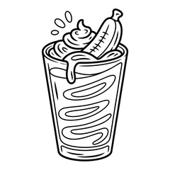 Banana split sundae with chocolate syrup and whipped cream line art style isolated on white