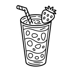 Refreshing strawberry smoothie with straw and fruit slice line art drawing illustration