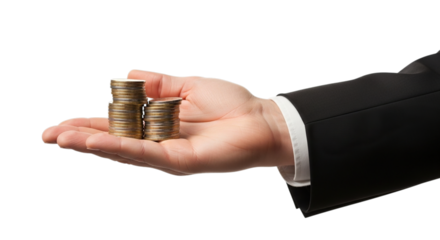 Businessperson s hand in a suit jacket holding a stack of gold coins isolated on transparent background