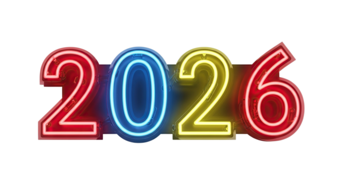 Vibrant neon sign displaying the year 2026 in red blue and yellow isolated on transparent background