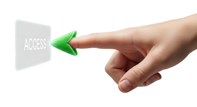 Human finger pushing a green arrow button on a white square isolated on transparent background