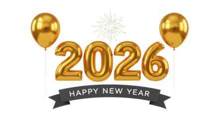 Golden 2026 balloons and fireworks celebrate happy new year isolated on transparent background