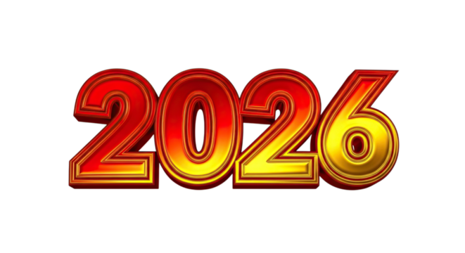 Fiery golden 2026 numbers with a glowing effect isolated on transparent background