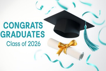 Congrats graduates class of 2026 graduation cap and diploma with streamers