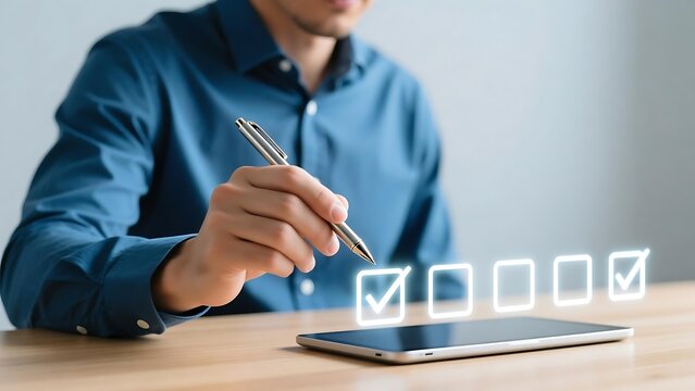 Digital checklist on tablet with pen for online survey form and task management application usage