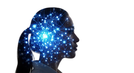 Abstract digital representation of human brain activity with glowing blue neural network connections isolated on transparent background