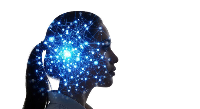 Abstract digital representation of human brain activity with glowing blue neural network connections isolated on transparent background