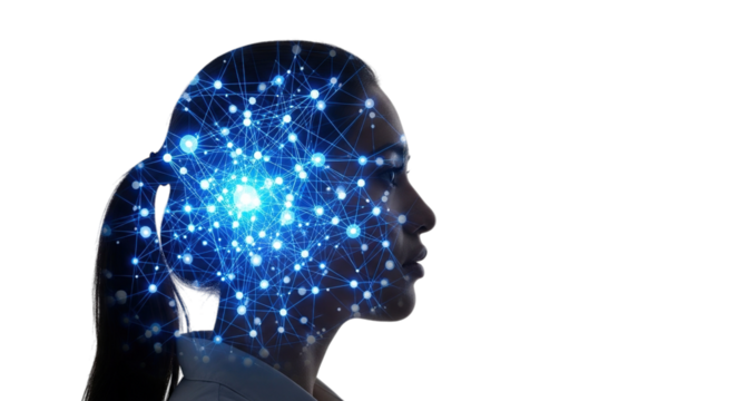 Abstract digital representation of human brain activity with glowing blue neural network connections isolated on transparent background