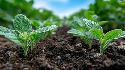 Soybean seedlings growing in rich fertile soil