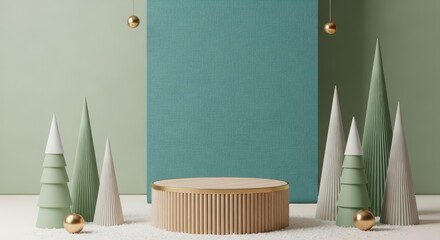 Festive Christmas Product Display Scene. Tree Stump Podium on Snow, Green Velvet Background, Holiday Baubles, Pine Cones and Fairy Lights.