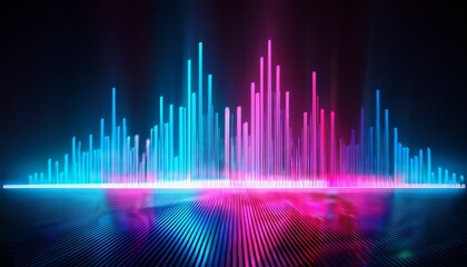 futuristic neon music equalizer with pink and blue glowing bars on a reflective surface futuristic neon music equalizer