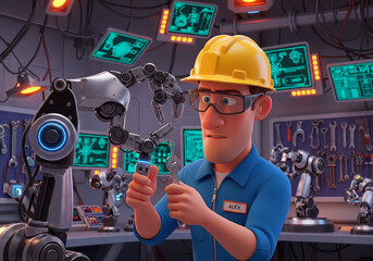 Focused Cartoon Engineer Man Working with a Robot Arm and Wrench in a High-Tech Workshop